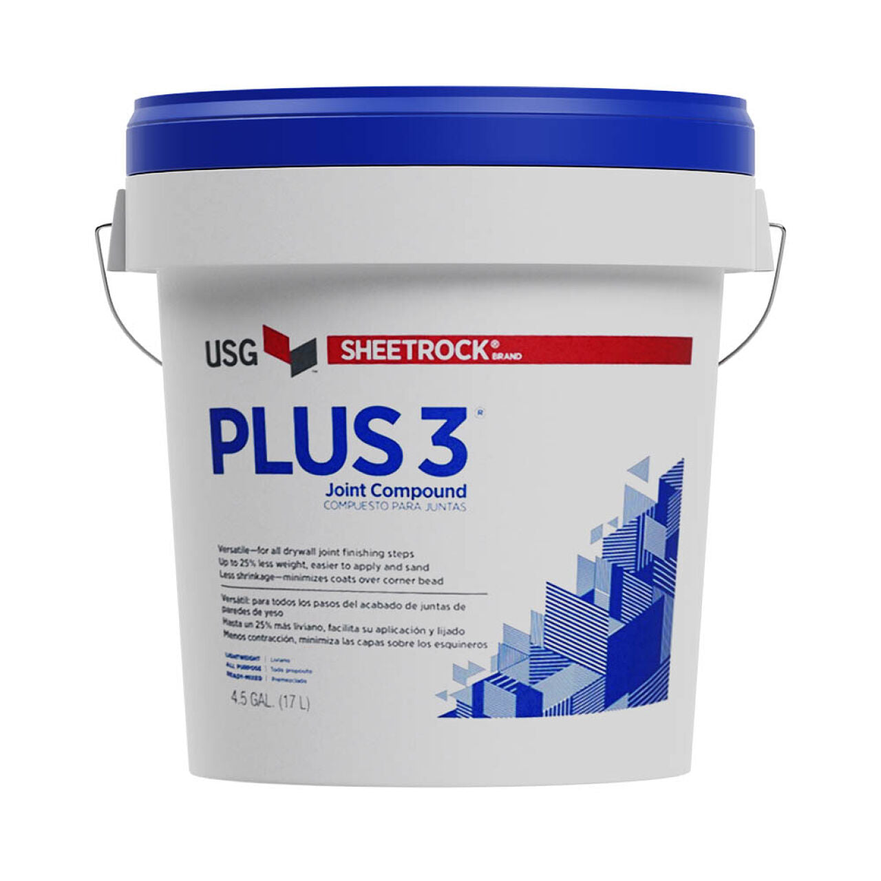 A 4.5 gal white bucket of USGs Plus 3 Lightweight All Purpose Joint Compound has a blue lid, handle, and geometric patterns. This pre-mixed joint compound offers ease and efficiency for your projects.