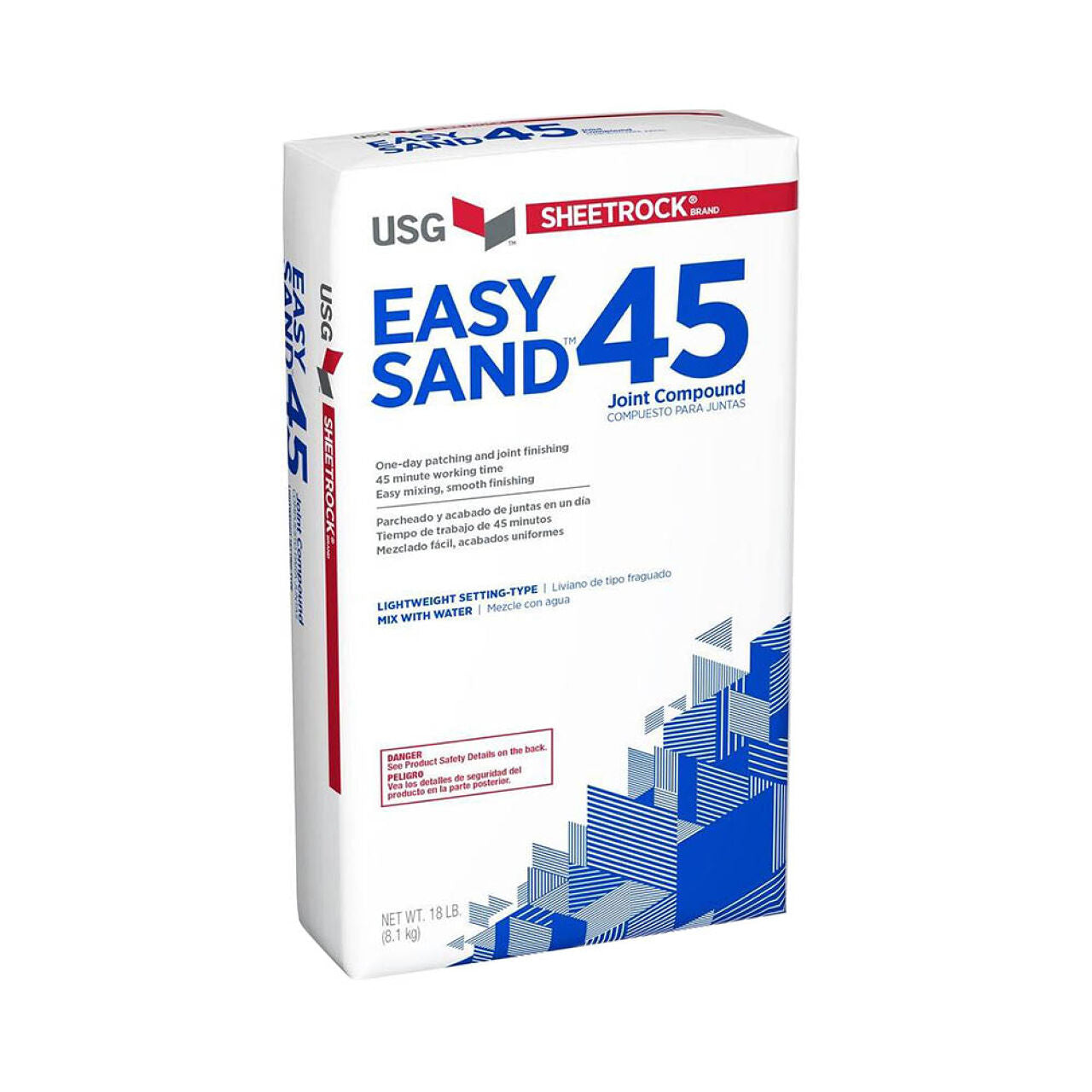 An 18 lb. bag of Easy Sand 45 Joint Compound by Go Build, The Fastest Way To Build, is lightweight setting-type, boasts one-day patching, and has GREENGUARD Gold certification for quality assurance.