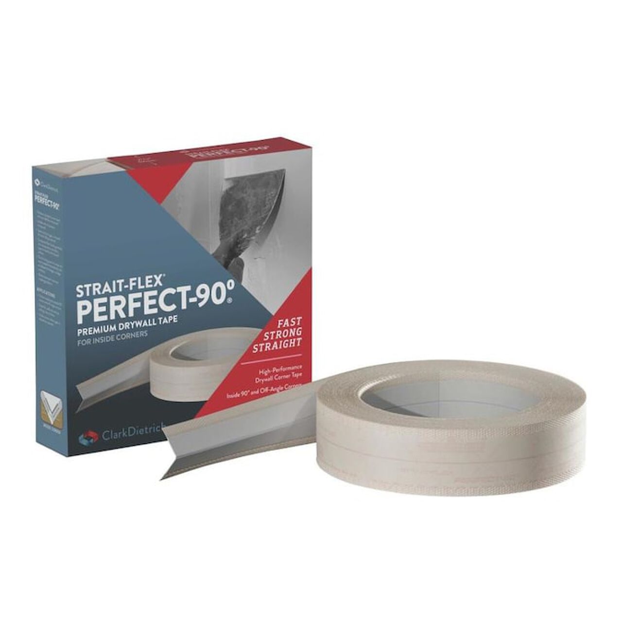 A roll of Go Build 2-1/16 in. x 100 ft. Perfect-90 Inside Corner Bead is shown beside its red and gray box, featuring product info and an image of the tape applied to a wall corner, ready for onsite delivery.