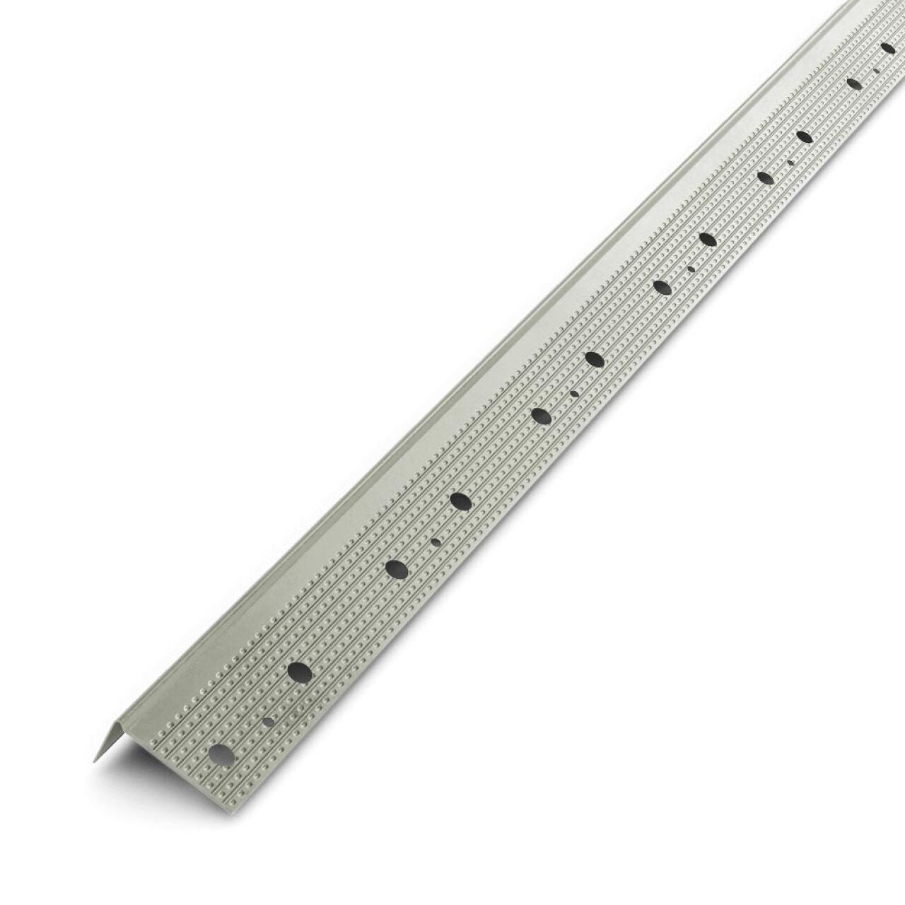 The Go Build 1/2 in. x 10 ft. Metal L Drywall Trim features a silver finish, triangular cross-section, black markings, and evenly spaced circular holes, shown angled against a white background.