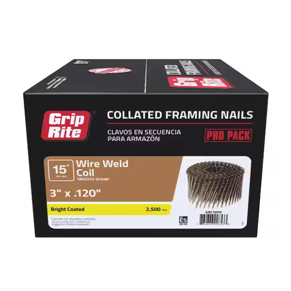 The GRIP-RITE GRC10PD box contains 2,500 bright-coated wire weld coil nails, each 3 in. x 0.120 in., with a smooth shank and a Pro Pack label. Ideal for outdoor siding and fencing projects, these nails are perfect for framing applications.