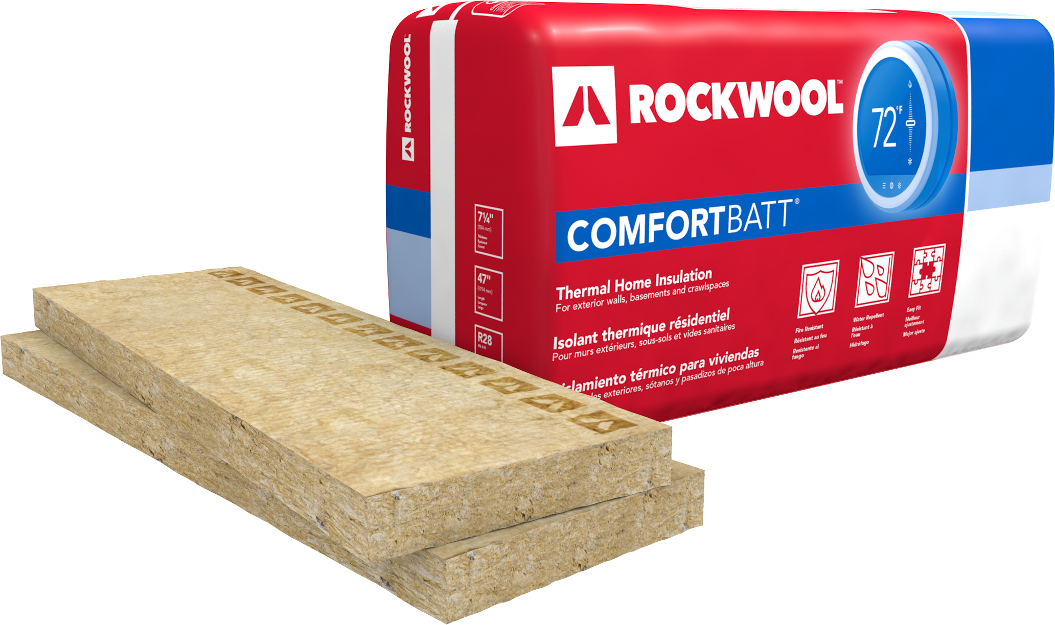 A package of Rockwool RXCB351625 COMFORTBATT R15 stone wool insulation (3.5 in. x 16-1/4 in. x 48 in., 65 sqft) is shown with two beige batts in front of its red, white, and blue packaging.