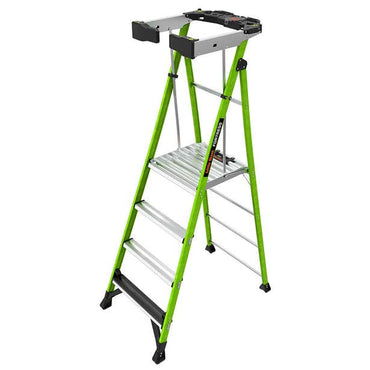 The LITTLE GIANT 19304 Fortress IAA 4 Fiberglass Platform Ladder features a wraparound enclosure, tool tray, stabilizing feet, wide top platform, and lightweight design—perfect for household or workshop use.