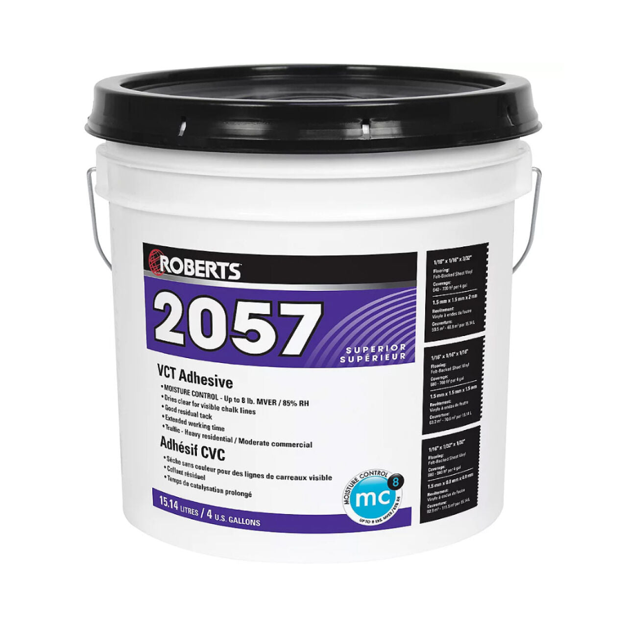 A white 1-gal. bucket of Go Build 2057 Premium Vinyl Composition Tile Adhesive with a black lid, purple label displaying English and French details, and a metal handle—by The Fastest Way To Build.