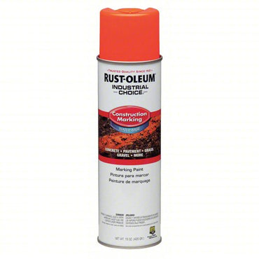 A 17 oz can of Rust-Oleum M1400 Construction Marking Paint from Rust-Oleum, featuring an orange cap and a water-based formula for marking concrete, pavement, grass, and more.