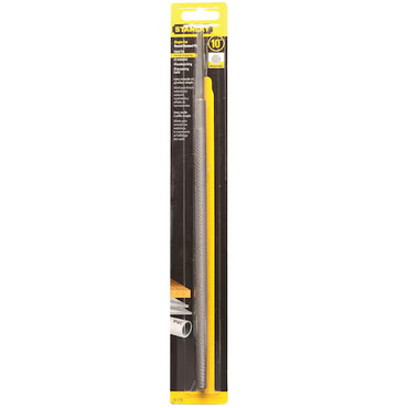 The STANLEY 10 IN SINGLE-CUT ROUND BASTARD FILE, in yellow and black packaging, is a precision hand tool for shaping metal, wood, and PVC. Displayed vertically in plastic and cardboard packaging.