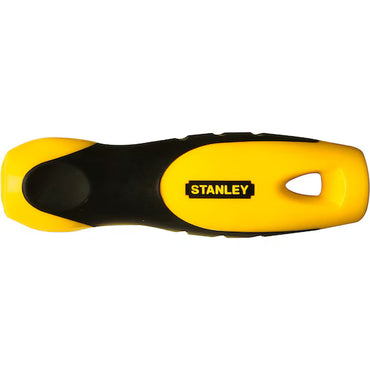 A yellow and black STANLEY 4.5 IN BI-MATERIAL FILE HANDLE with an ergonomic grip and hole for hanging, viewed from above, featuring the STANLEY logo.