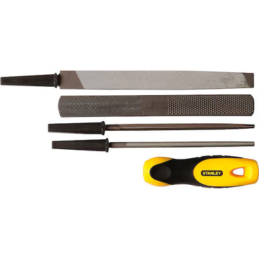 The STANLEY FILE SET (5 PC) features four metal files and a yellow-and-black handle, arranged side by side on a white background—ideal hand tools for precision shaping tasks.