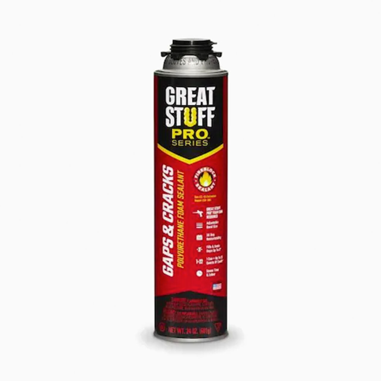 The 24 oz. Gaps & Cracks Spray Foam Insulation from Go Build, The Fastest Way To Build, is a red and black canister with an upright design and a black cap. It contains polyurethane spray foam insulation with detailed instructions and is Energy Star rated for efficiency.