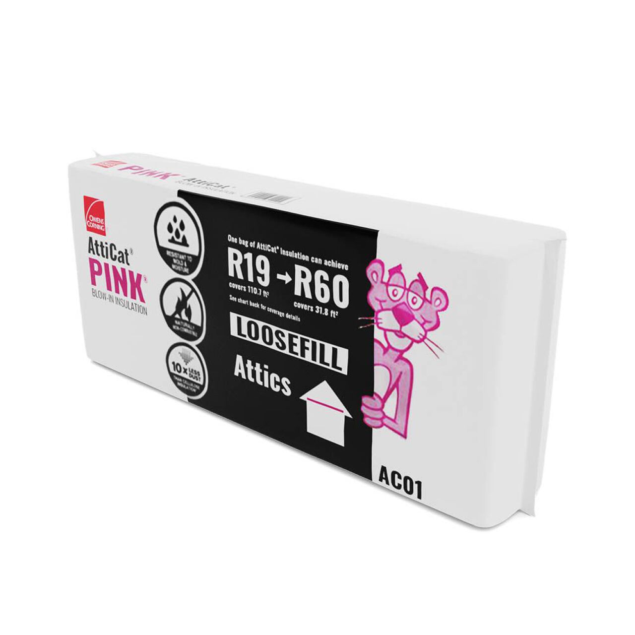 The Go Build AttiCat PINK Expanding Fiberglass Blown-In Insulation packaging features a Pink Panther graphic, includes recycled content, offers R19 to R60 performance, and covers 73.3 sq ft at 10.25 inches thick for loosefill attic insulation.