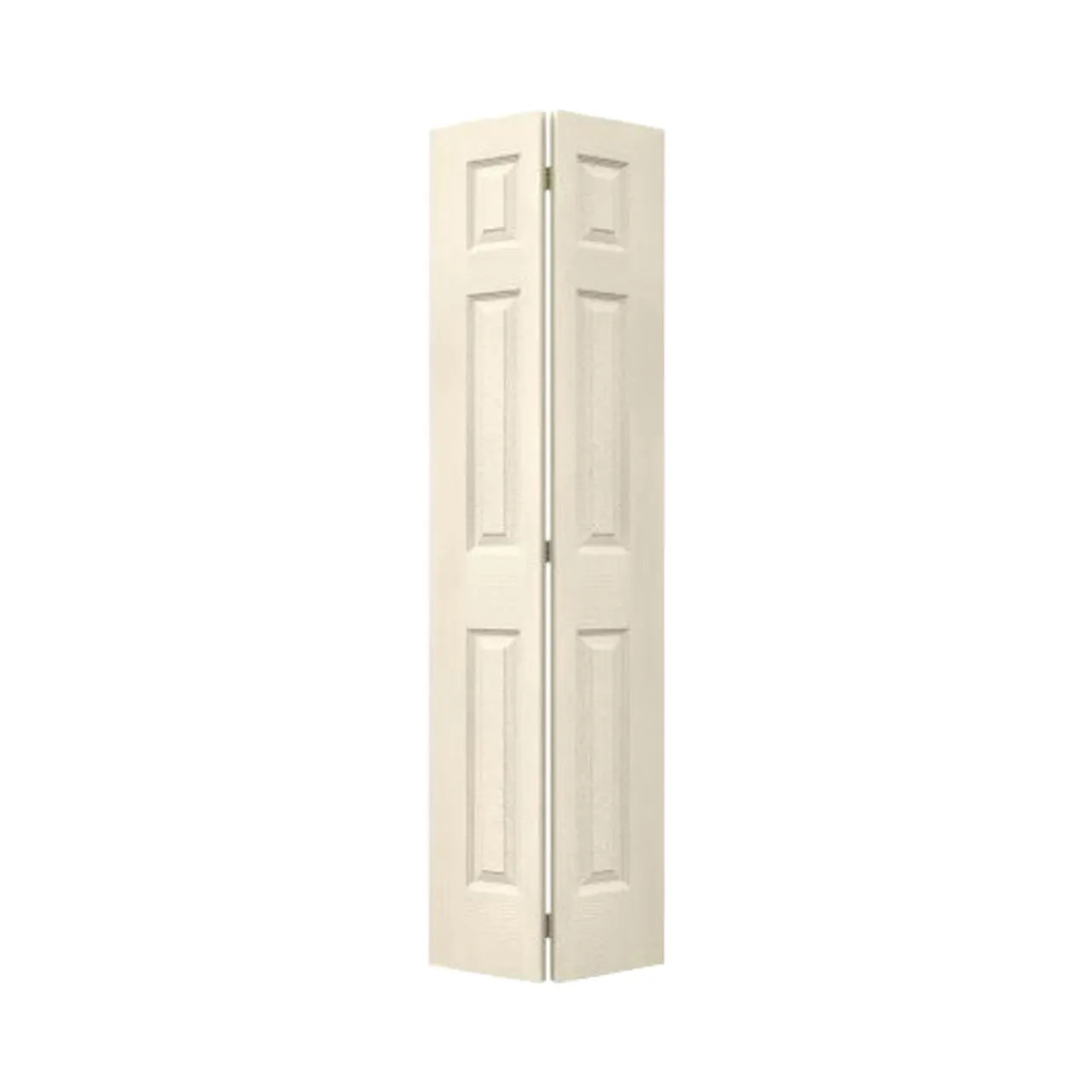 A 24 in. x 80 in. Go Build Colonist Bi-fold Primed Textured Composite MDF Door (hollow core) is shown partially folded and standing upright against a plain white background.