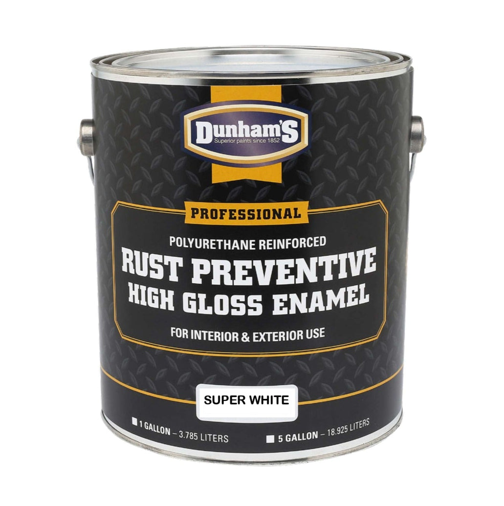 DUNHAM Dunham Rust-Preventive High-Gloss Enamel Paint, polyurethane-reinforced for interior/exterior use, Super White, 1 gallon.