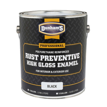 A 1-gallon can of DUNHAM Dunham Rust-Preventive High-Gloss Enamel Paint, polyurethane-reinforced for interior/exterior use. The black can features a metal handle with bold white and yellow label text.