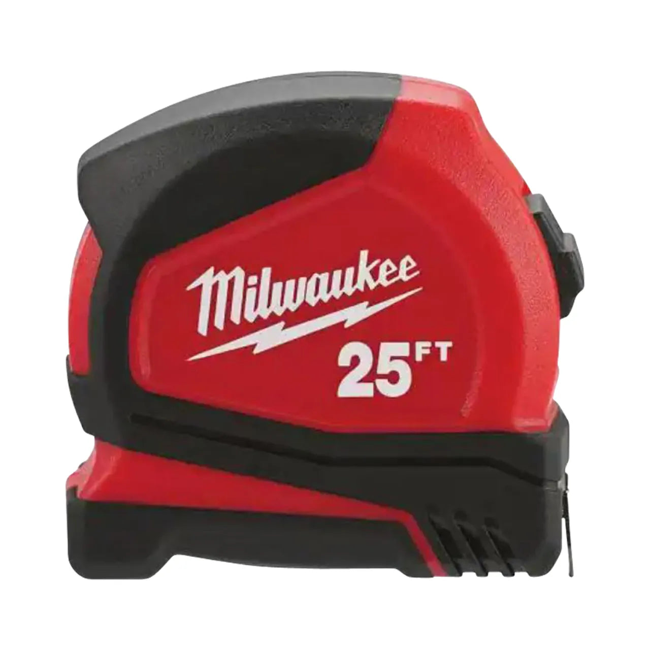 A 25 ft. Compact Tape Measure by Go Build, The Fastest Way To Build. This red and black tool has bold white lettering, a metal wear-resistant blade, and a durable plastic casing for reliable use.