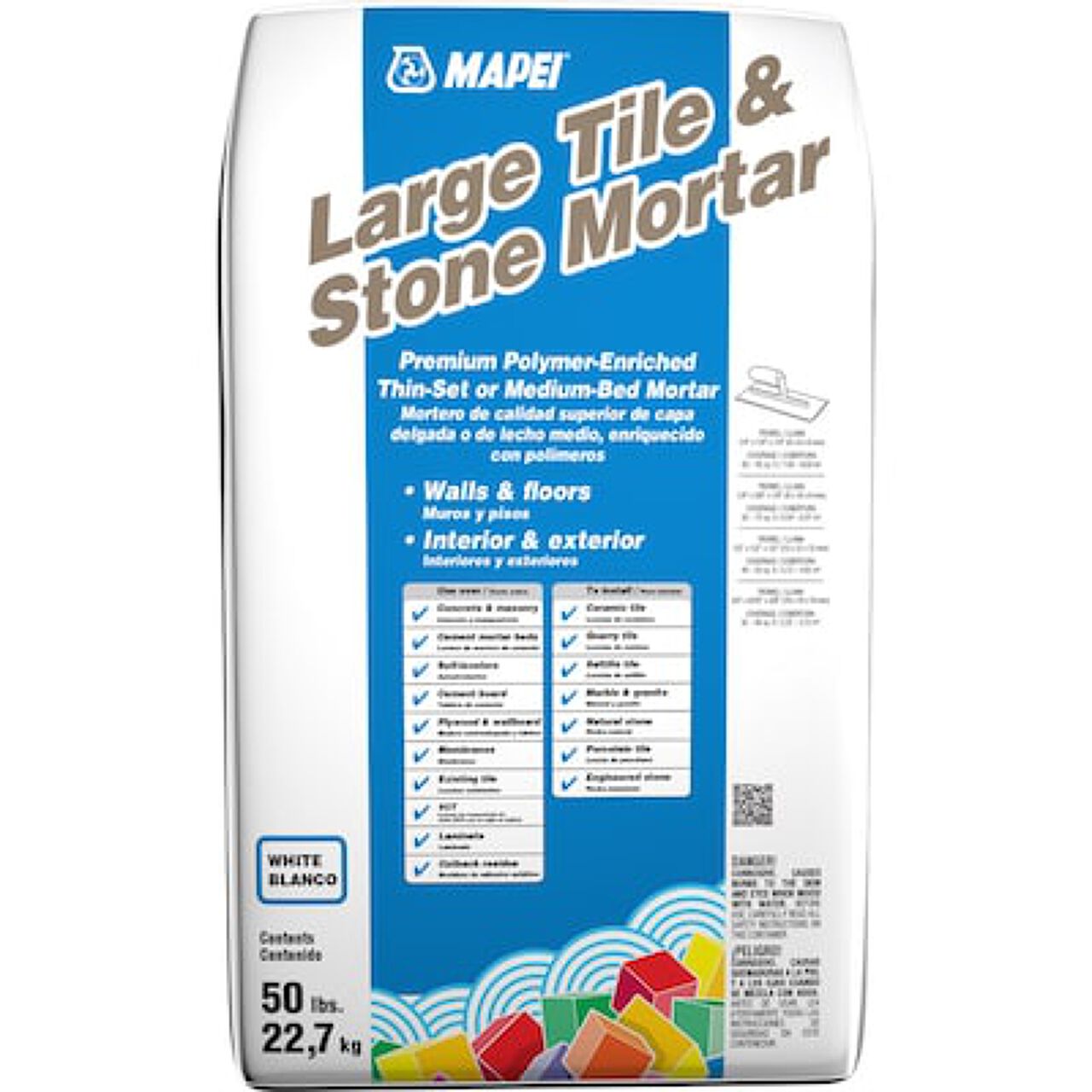 A 50 lb. bag of Go Build, The Fastest Way To Build Large Tile & Stone White Powder Thinset/Medium Bed Mortar, suitable for walls, floors, and both interior and exterior use. Packaging features blue/yellow text and icons.