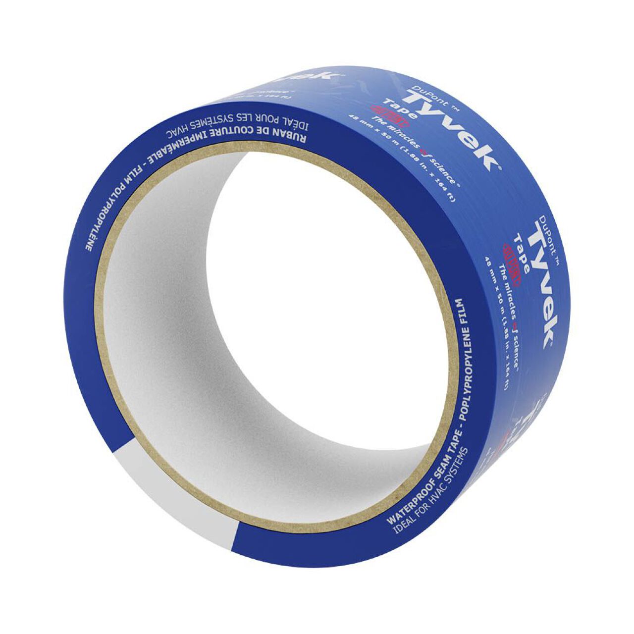 A roll of Go Build 1.88 in. x 164 ft. Housewrap Tape, featuring white and red branding text, insulation and waterproof details on the outer edge, and a cardboard core at the center. Brand: The Fastest Way To Build.