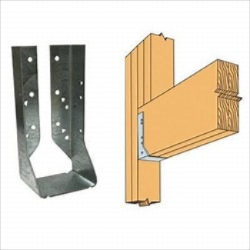 Simpson Strong-Tie LUS ZMAX Galvanized Double Shear Face Mount Joist Hanger for 2x8 lumber on the left and an illustration on the right showing this corrosion-resistant hanger installed to support a horizontal wooden beam.