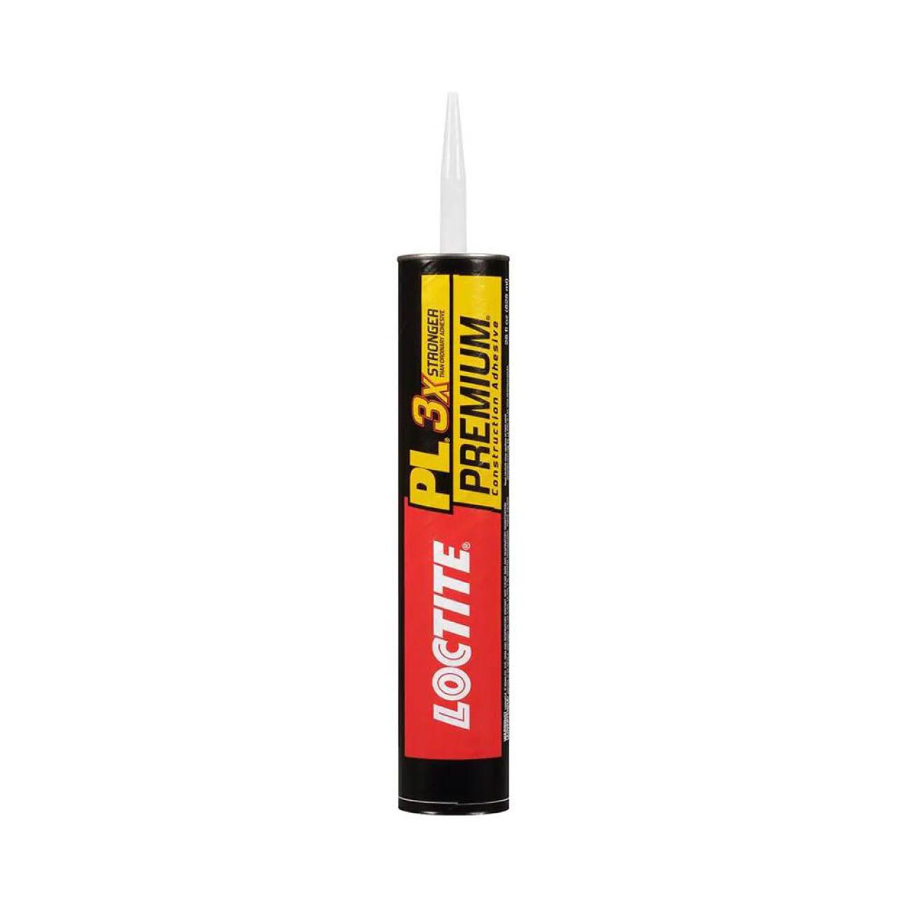A 10 fl. oz. tube of Go Build, The Fastest Way To Build PL Premium 3x Construction Adhesive stands upright with a white nozzle, featuring a red, yellow, and black label and offering strong polyurethane bonding for tough projects.