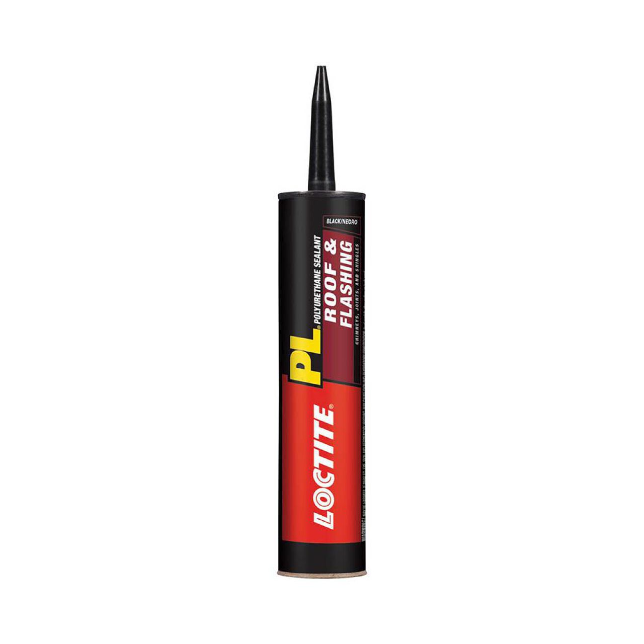 A 10 fl. oz. tube of Go Build, The Fastest Way To Build PL S30 Black Polyurethane Roof & Flashing Sealant, ideal for durable, weatherproof repairs. Features a black nozzle and a red and black label with yellow text on white.