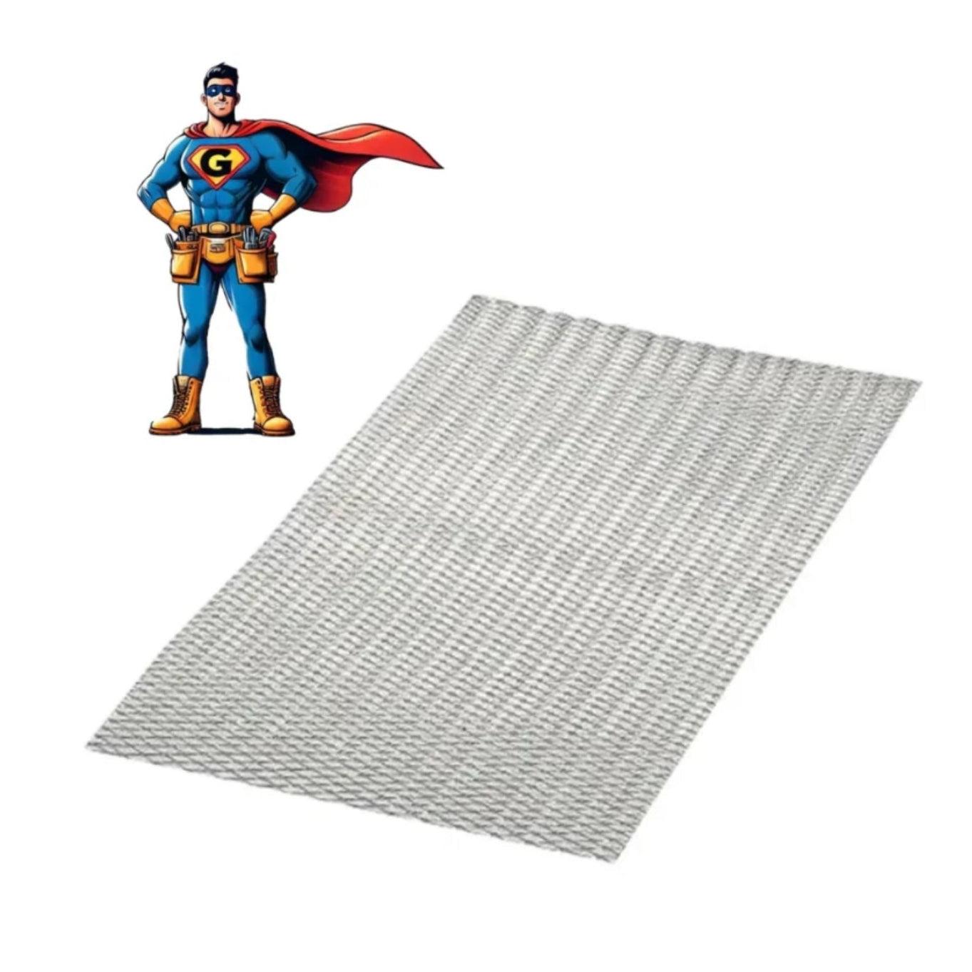 A small cartoon superhero with a red cape stands beside the 27 in. x 96 in. Go Build Metal Lath Galvanized against a plain white background.