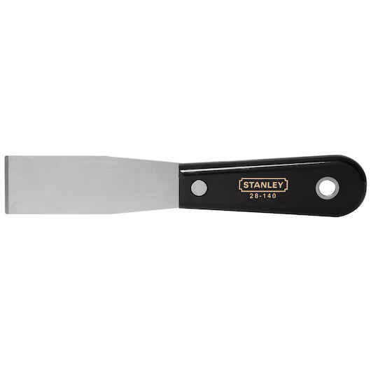 The STANLEY 1-1/4 IN Nylon Handle Stiff Blade Putty Knife features a durable, wide metal blade and black handle with end hole—perfect for reliable scraping tasks.