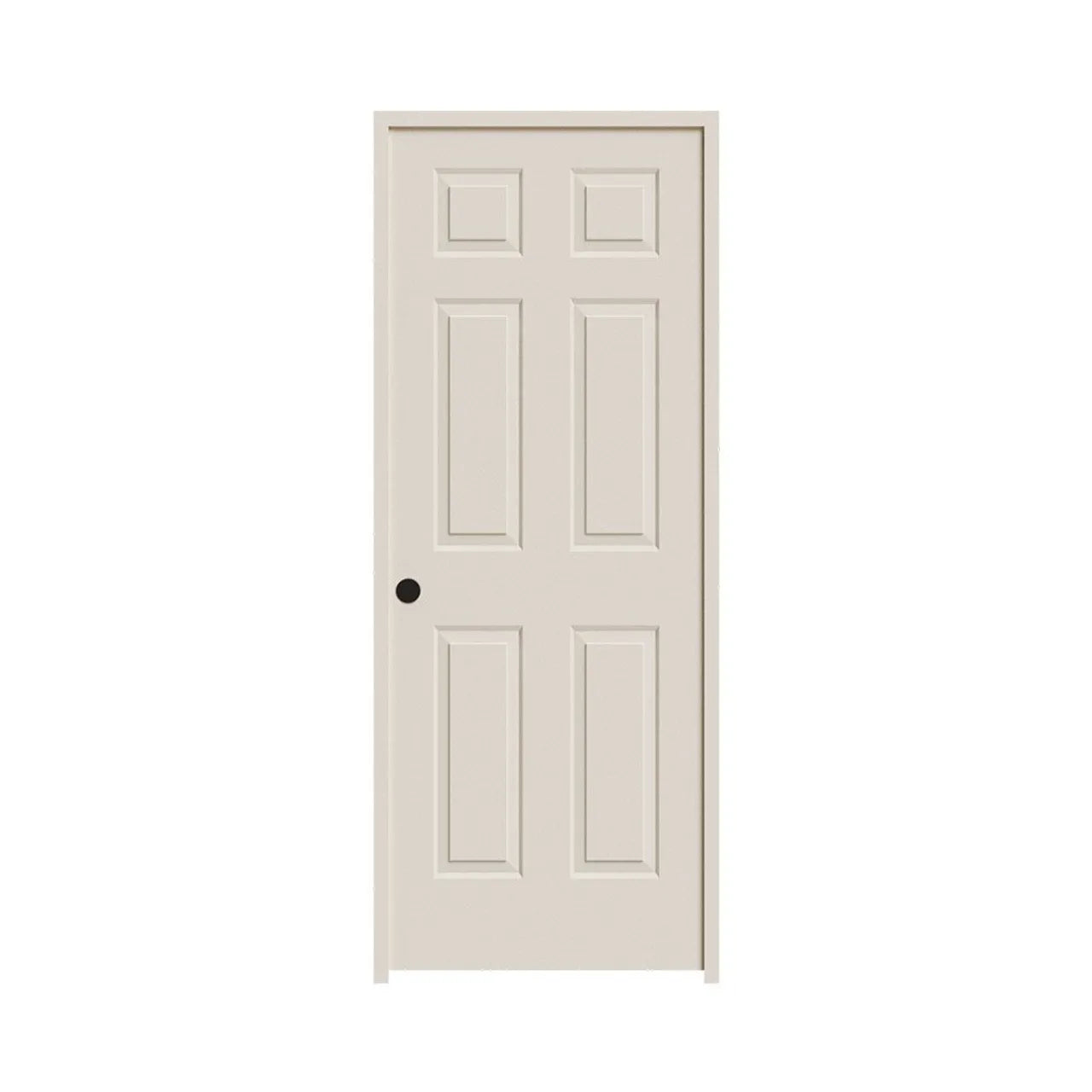 A 28 in. x 80 in. Go Build Colonist Primed Right-Hand 6 Panel Prehung Solid-Core Door, textured MDF in beige with a round black doorknob, shown closed against a plain white background.