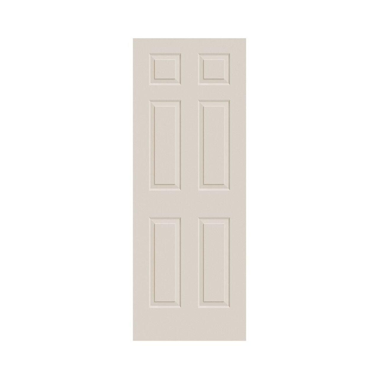 A 28 in. x 80 in. Go Build 6 Panel Colonist Primed Smooth MDF Interior Hollow-Core Door Slab is shown, featuring a simple rectangular raised molding design against a white background.