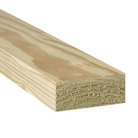 A close-up of Go Build’s 2 in. x 4 in. x 10 ft. Pressure Treated Lumber shows its wood grain on a white background—perfect for outdoor projects with durable, treated construction from The Fastest Way To Build.