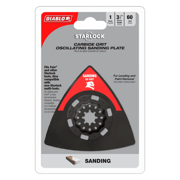 The DIABLO DOS60CGSP 3-1/2 in. 60-Grit Starlock Oscillating Sanding Plate by Diablo is ideal for leveling and paint removal, compatible with Fein and other Starlock multi-tools, offering a 60-grit surface for effective sanding.