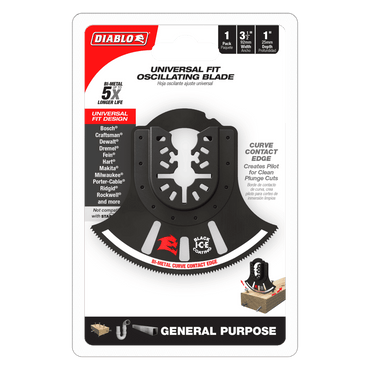 The packaging highlights the Diablo DOU350RBGP Demo Demon™ 3-1/2 in. bi-metal oscillating blade, featuring ultra-hardened cutting edge, black ice coating, curve contact design, and universal fit for various tools, emphasizing its durability and suitability for general-purpose cuts.
