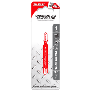 The DIABLO DJT118EHM 3-1/4 in. 18TPI Carbide T-Shank Jig Saw Blade is highlighted with a red design, perfect for cutting medium metal (1/16 - 3/16 thick). With carbide teeth and Perma-SHIELD® coating, it offers 50x longer life and efficient performance.