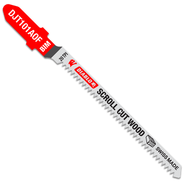 Illustration of a red and gray jig saw blade featuring DIABLO DJT101AOF, 20 TPI, and SCROLL CUT WOOD. Swiss-made with a wavy zigzag design, its bi-metal teeth allow intricate curved cuts.