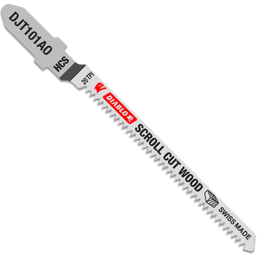 The Diablo DIABLO DJT101AO5 jig saw blade set, featuring ultra-hardened high carbon steel (HCS) with 20 TPI, is ideal for scroll-cutting wood. Swiss Made and sporting a red-gray design, each 3-1/4 blade comes in a 5-pack.