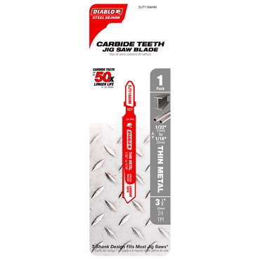 The image showcases a Diablo DJT118AHM 3-1/4 in. 24 TPI Carbide Jig Saw Blade for Thin Metal with a T-Shank design, lasting 50 times longer due to its carbide build. Featuring Perma-SHIELD® non-stick coating, this blade fits most jig saws.