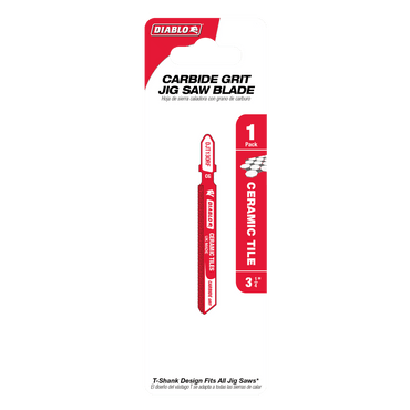 The Diablo DJT130RF 3-1/4 in. carbide grit jig saw blade for ceramic tile and glass boasts extreme durability, featuring a T-Shank Design compatible with all jig saws. Its packaging showcases the blade with red accents on white and highlights the protective Perma-SHIELD® coating in a single pack.