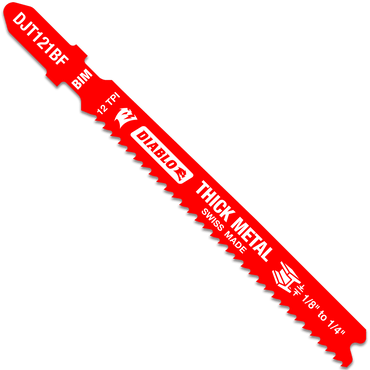 The Diablo DJT121BF5 3-3/8 in. 12TPI Bi-Metal Jig Saw Blade for thick metal features a red blade, bi-metal teeth, and specifications like BIM, covering measurements from 1/8 to 1/4, offering Swiss Made precision.