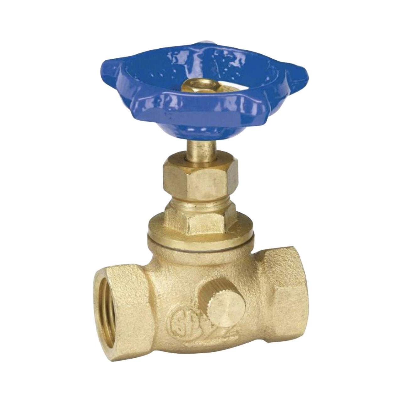 The Go Build 3/4 in. Brass FIP x FIP Stop & Waste Valve features a blue handwheel and durable brass construction, with threaded openings on both sides for easy pipe connections.