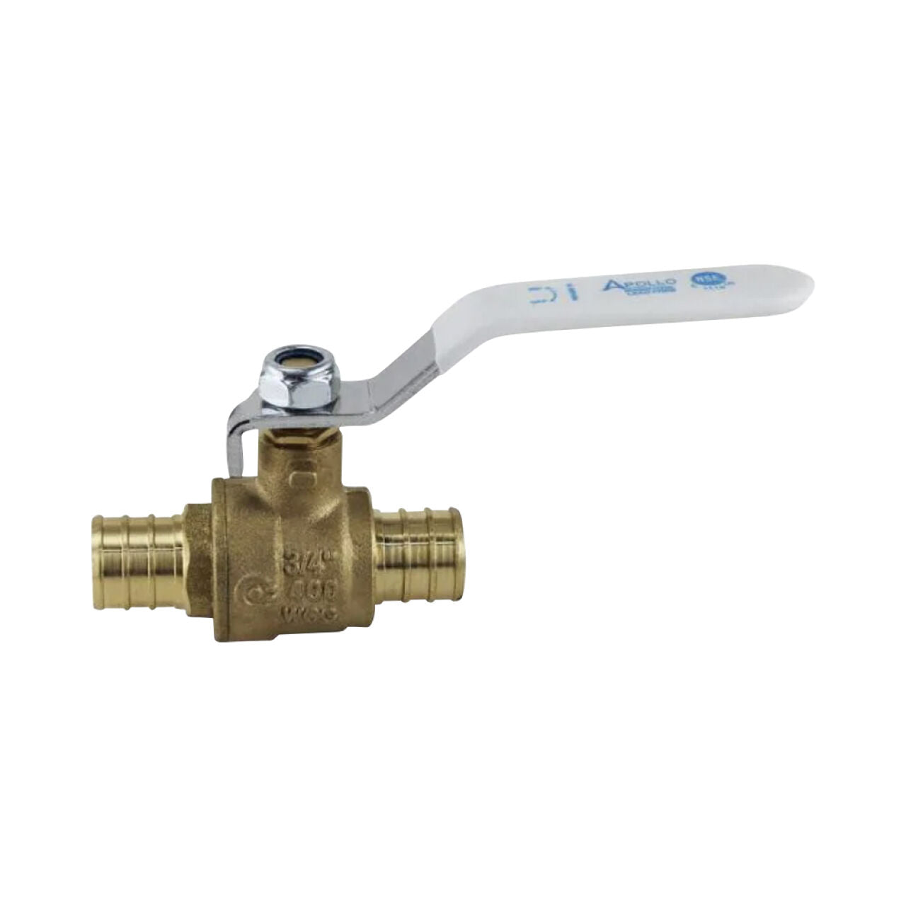 The Go Build 3/4 in. Brass PEX Barb Ball Valve features barbed ends and a white handle, ideal for connecting flexible tubing or pipes in PEX plumbing systems.