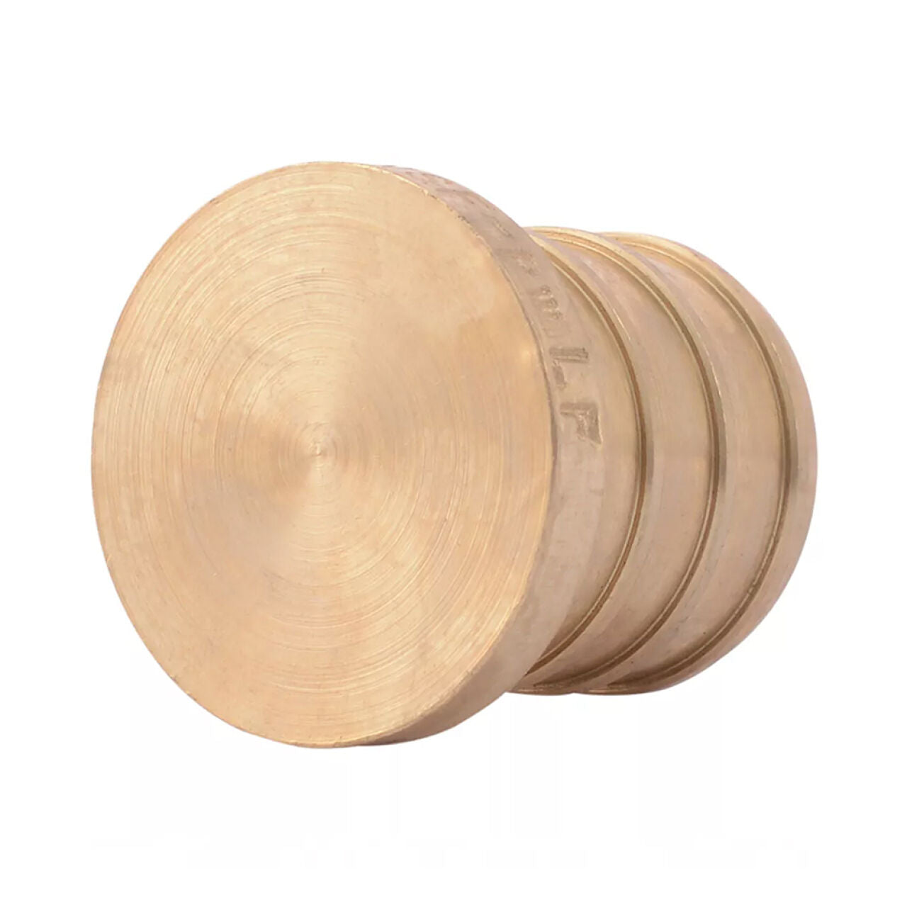 A Go Build 3/4 in. Brass PEX Barb Plug, featuring a solid round design with a smooth flat front and three side grooves, resembles a large brass cap for PEX plumbing systems, shown against a white background. Brand: The Fastest Way To Build.