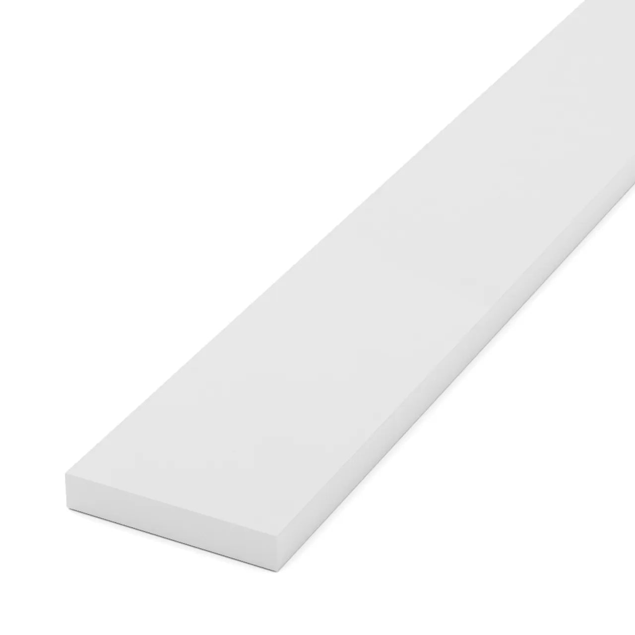 A 3/4 in. x 7-1/4 in. x 8 ft. Go Build Reversible PVC Trim Board - White is displayed on a white background, angled from one end. Brand: Go Build, The Fastest Way To Build.