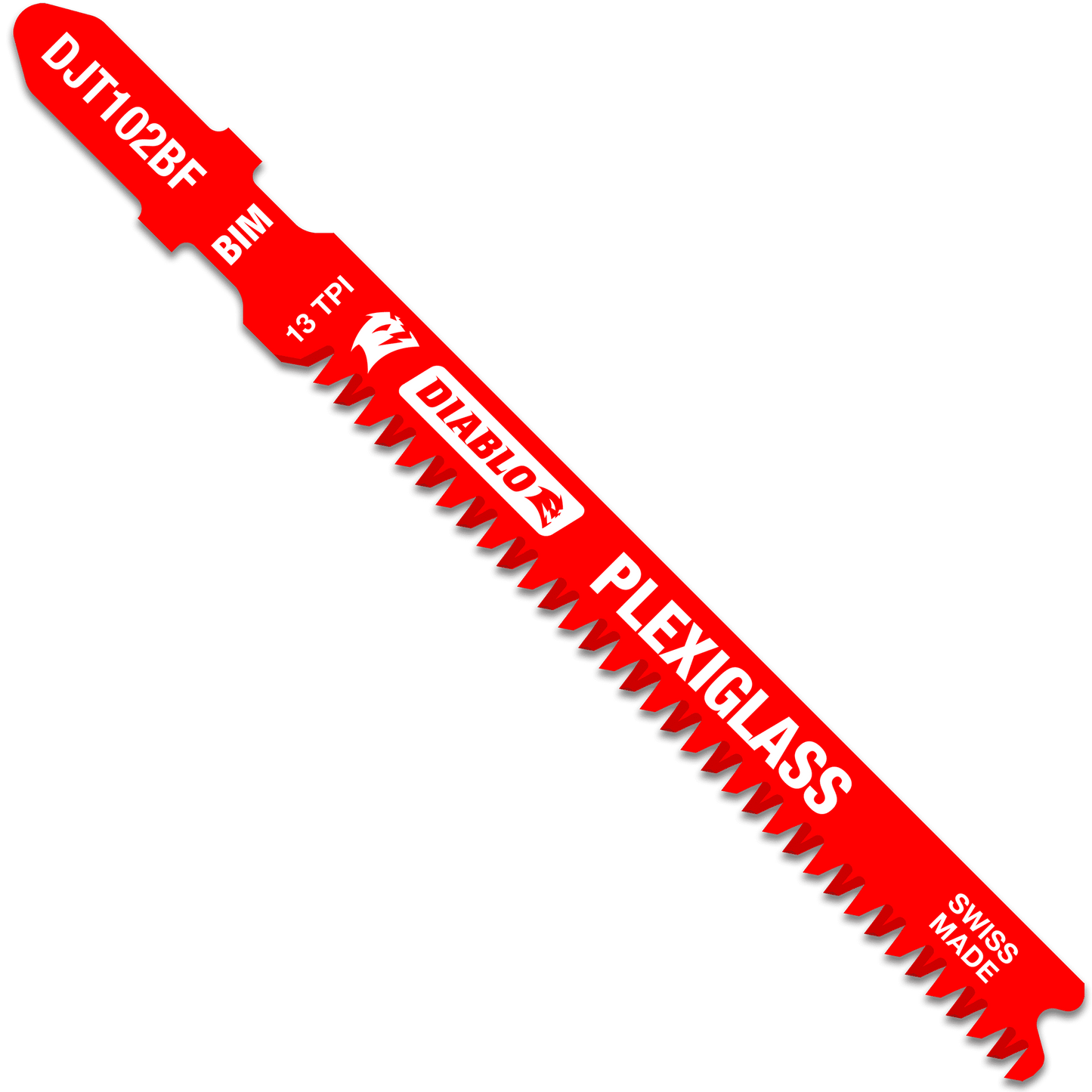 The DIABLO DJT102BF5 jigsaw blades, ideal for Plexiglass, have ultra-hardened bi-metal teeth with 13 TPI. Marked BIM and Swiss Made, these blades ensure precise, durable performance.