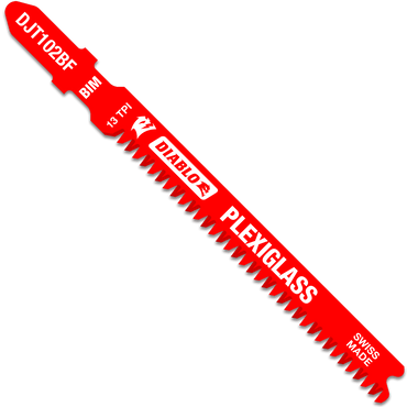 The DIABLO DJT102BF5 jigsaw blades, ideal for Plexiglass, have ultra-hardened bi-metal teeth with 13 TPI. Marked BIM and Swiss Made, these blades ensure precise, durable performance.