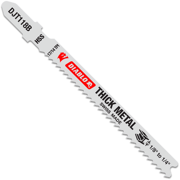 The Diablo DJT118B5 jigsaw blade, designed for thick metal cutting, features a T-shank and HSS Swiss Made labels. It showcases durable high-speed steel in gray tones with red and black text. The blade measures 3-5/8 inches, with 17/14 TPI. Sold as a 5-pack.