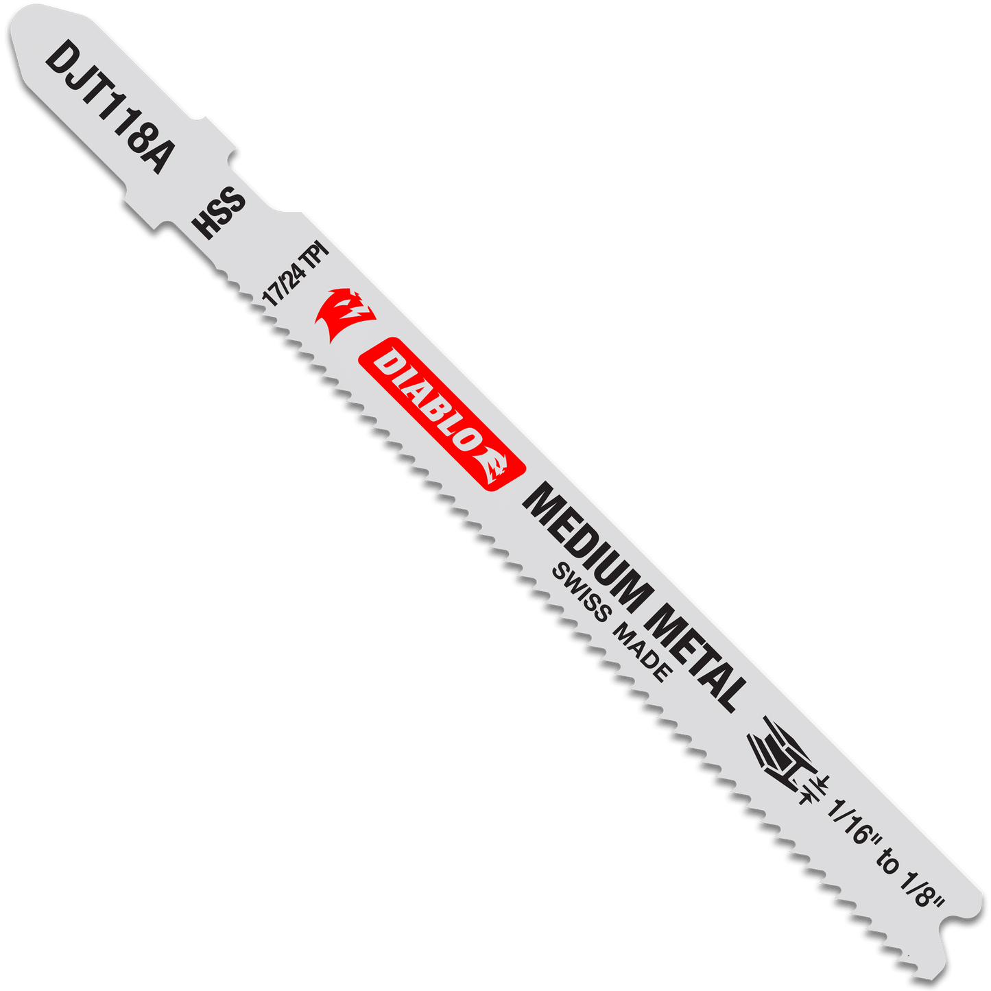 A Diablo DJT118A5 jigsaw blade, made of high-speed steel, features a T-shank design and measures 3-5/8. It bears the Swiss Made label and a red devil head logo and comes in a 5-pack for medium metal cutting.
