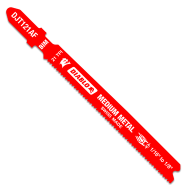 Image of a red Diablo DJT121AF jig saw blade labeled Swiss Made with ultra-hardened cutting edge, bi-metal teeth, Perma-SHIELD® coating, and 21 TPI for 1/16 to 1/8 inch metal cutting. Background transparent.