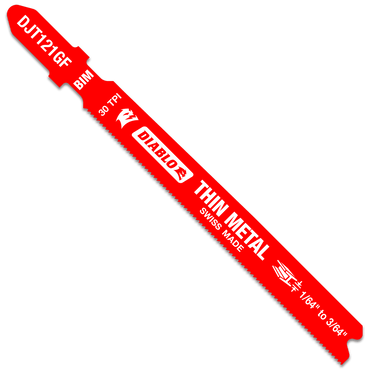 The Diablo DJT121GF5 3-5/8 in. jigsaw blade, featuring ultra-hardened 30 TPI bi-metal teeth, is Swiss Made and has a Perma-SHIELD® coating for smooth cutting through thin metal from 1/64 to 3/64 inches.
