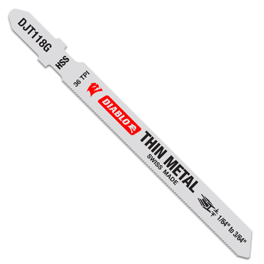 The image displays a Diablo DIABLO DJT118G5 jigsaw blade designed for thin metal, featuring 36 TPI and made from high-speed steel. Its light gray with red and black text and comes in a pack of five.