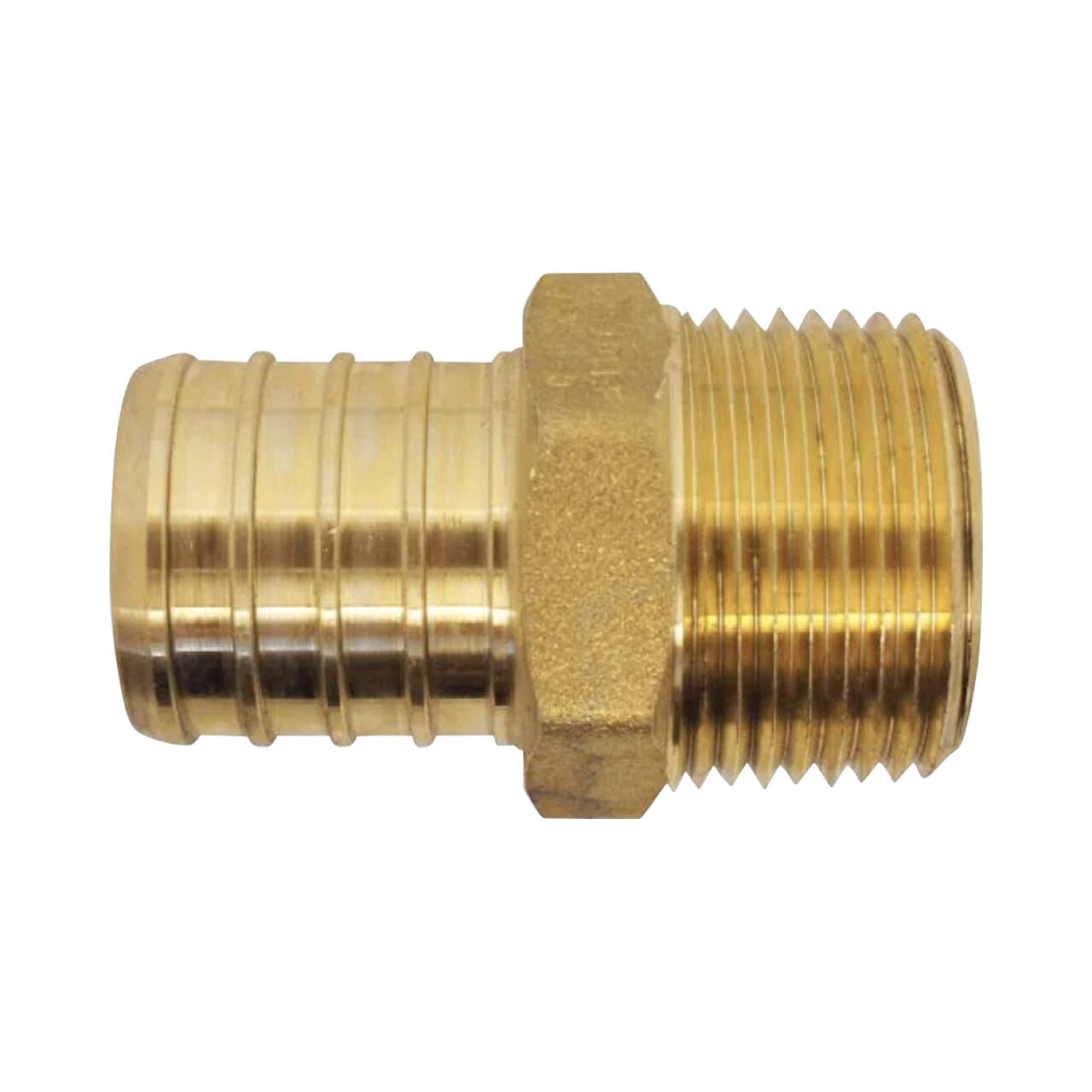 The Go Build 3/8 in. x 1/2 in. Brass PEX Barb x MPT Reducing Adapter features a barb on one end and male threads on the other for easy PEX pipe connections. Shown against a white background.