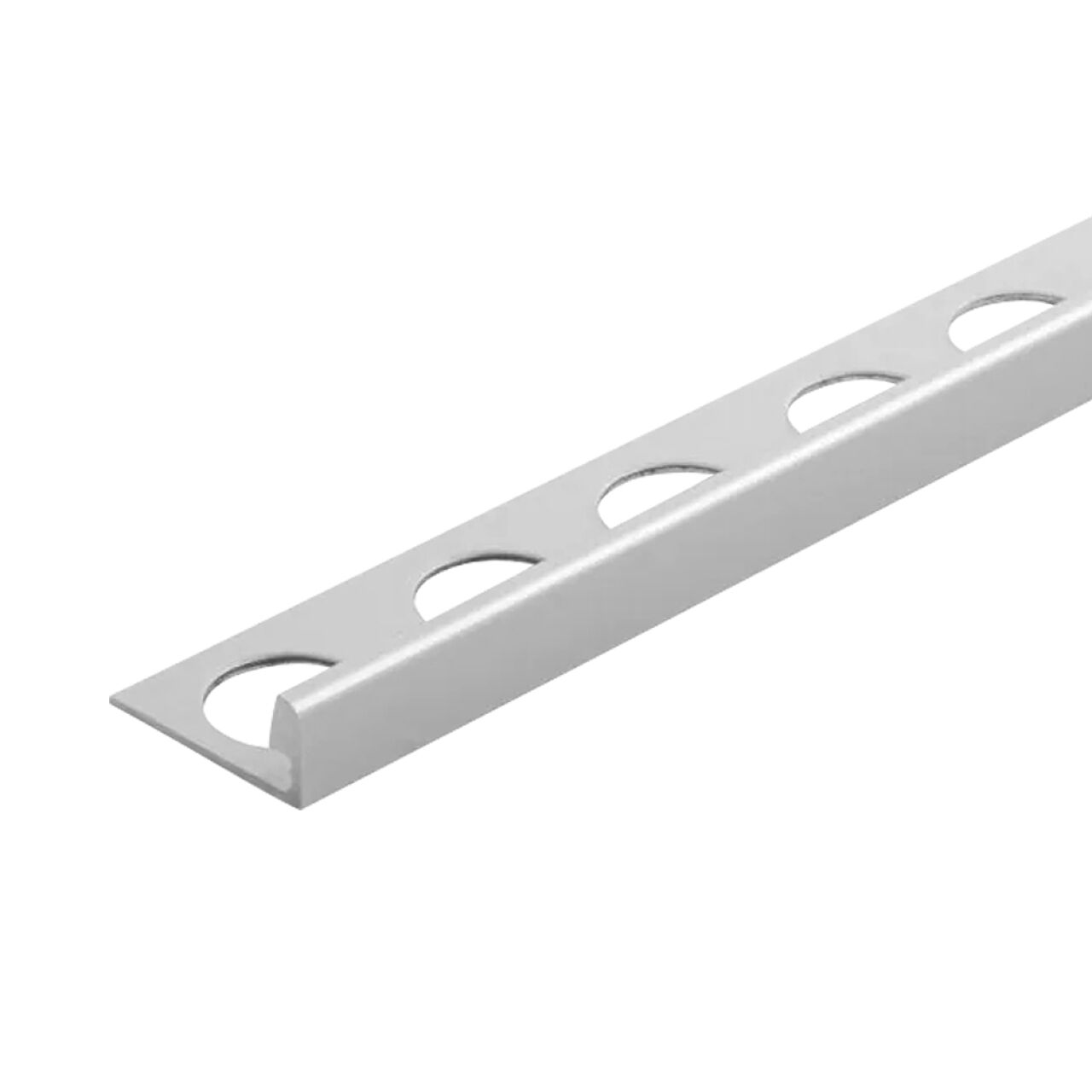 The Go Build 3/8 in. x 98-1/2 in. Aluminum L-Shaped Metal Edging Trim in Satin Silver features evenly spaced round holes and a right-angle edge to finish and protect tile corners.