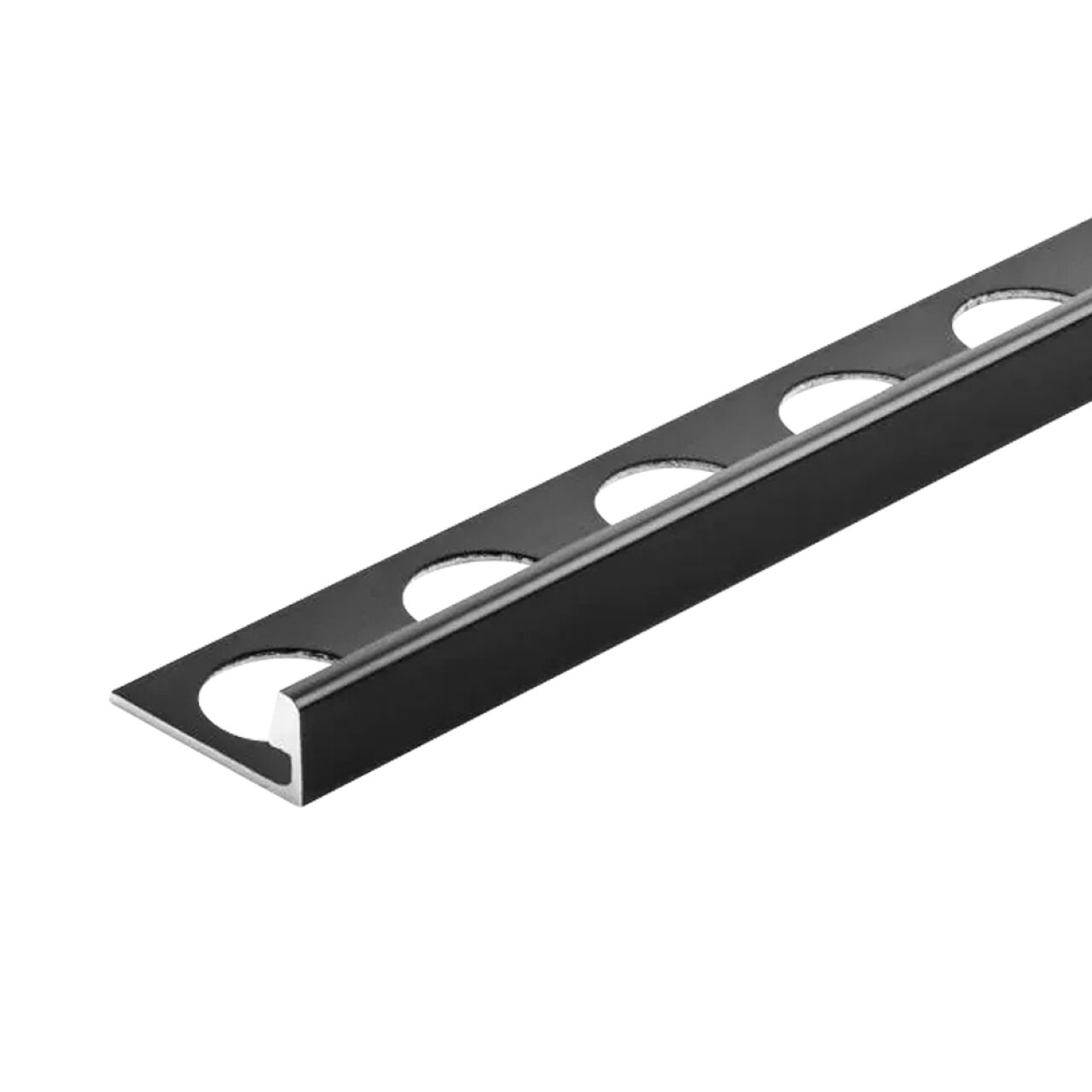 The Go Build 3/8 in. x 98-1/2 in. Black Aluminum L-Shaped Metal Edging Trim features a right-angle edge and circular cutouts for finishing and protecting tile edges or floor transitions.